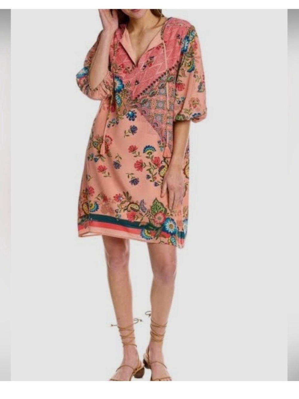 Johnny Was 100% silk Floral 3/4 Sleeve Dress